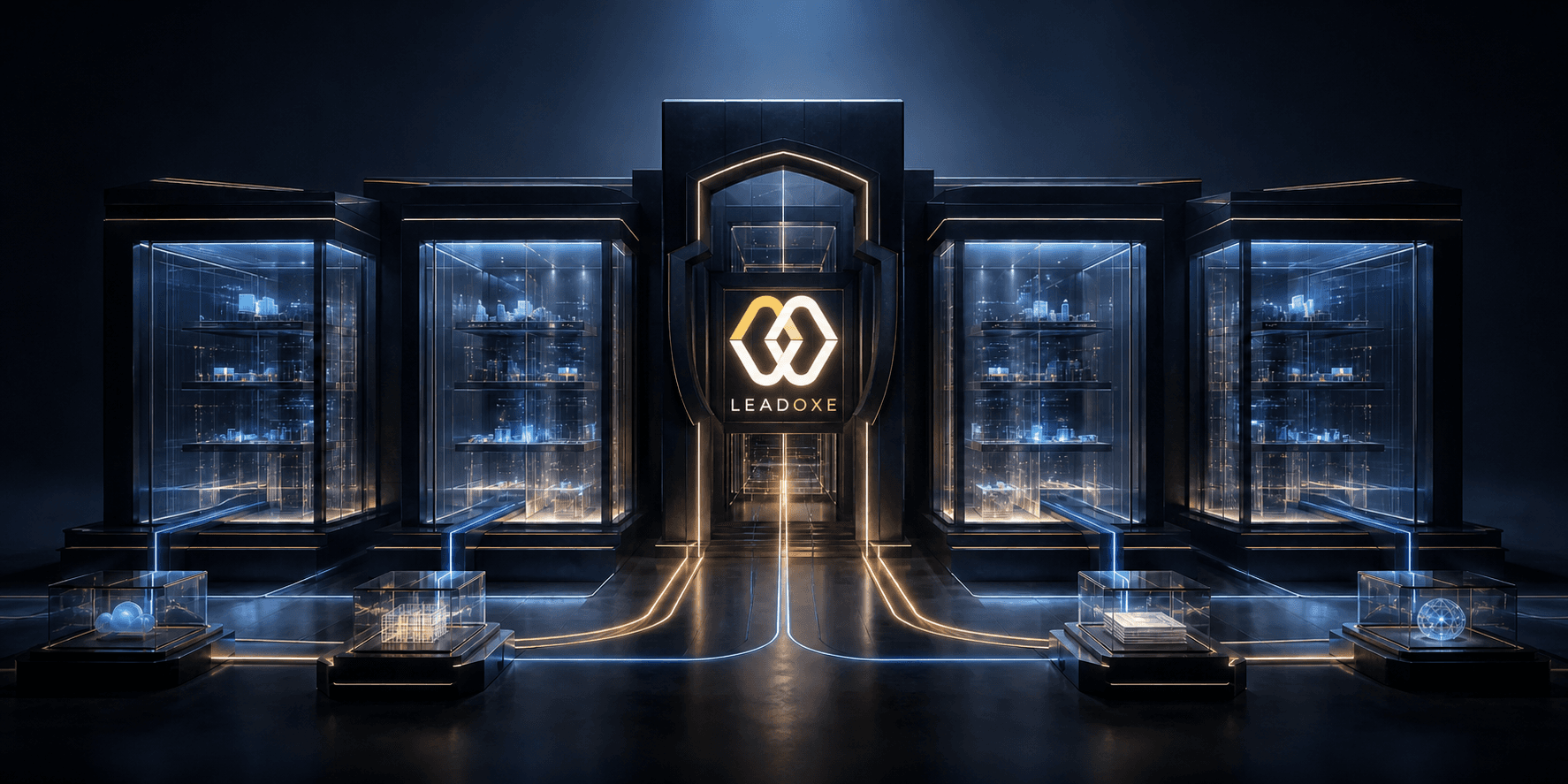LEADOXE secure operating core surrounded by isolated glass data chambers and controlled paths