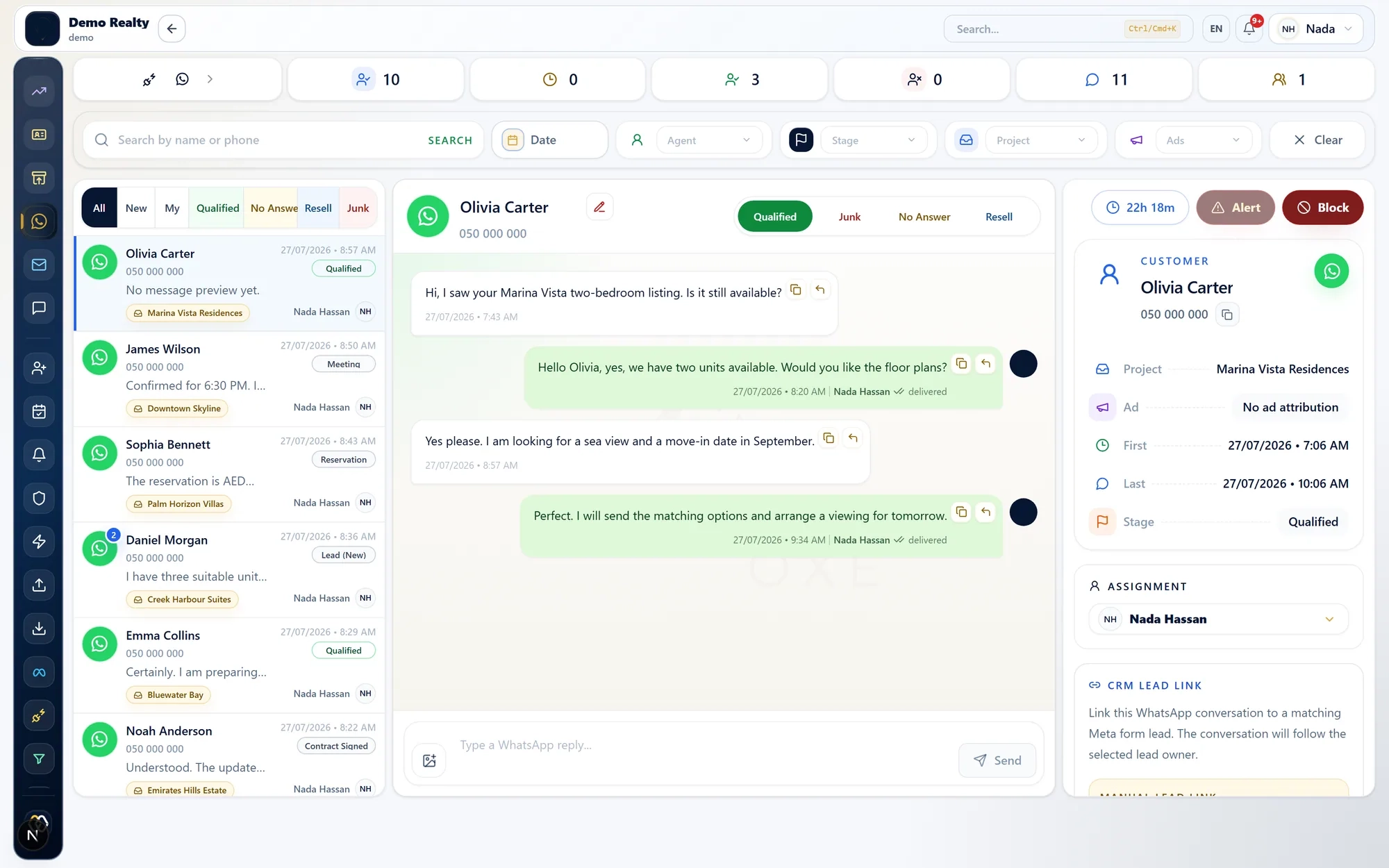 LEADOXE conversations workspace: a WhatsApp thread beside the customer record, project, ad attribution, stage, and assignment.
